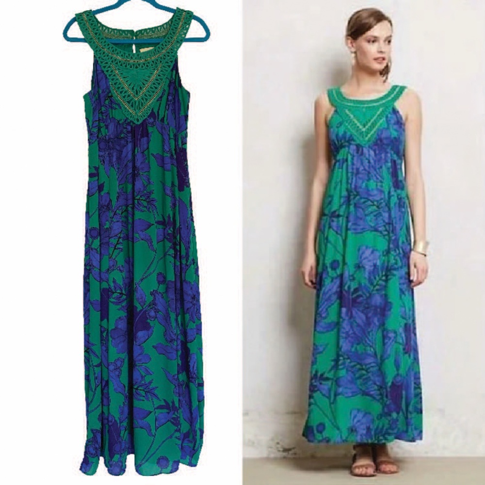 Edme & Esyllte Anthropologie Floral Garden Maxi Dress Crochet Neckline Size 10